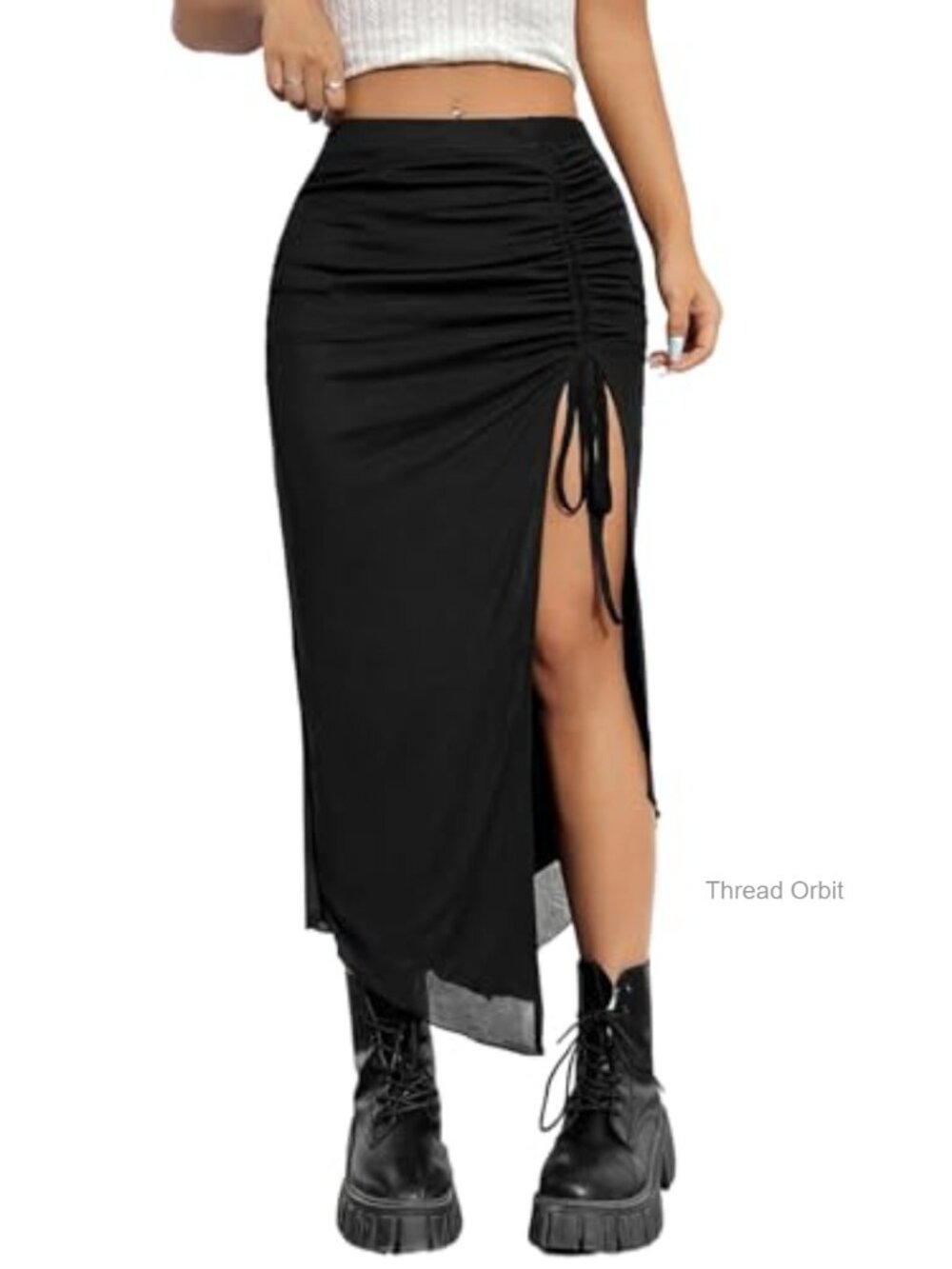 Women High Waisted High Slit Asymmetrical Mesh Bodycon Midi Skirt | Drawstring
